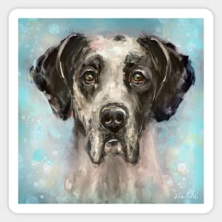 Chaotic Painting of a Black and White Great Dane on a Light Blue Background Sticker